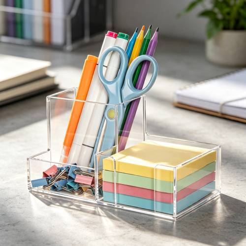 Three-Compartment Clear Pen Holder with Note Dispenser