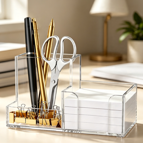 Three-Section Acrylic Desk Caddy with Note Holder