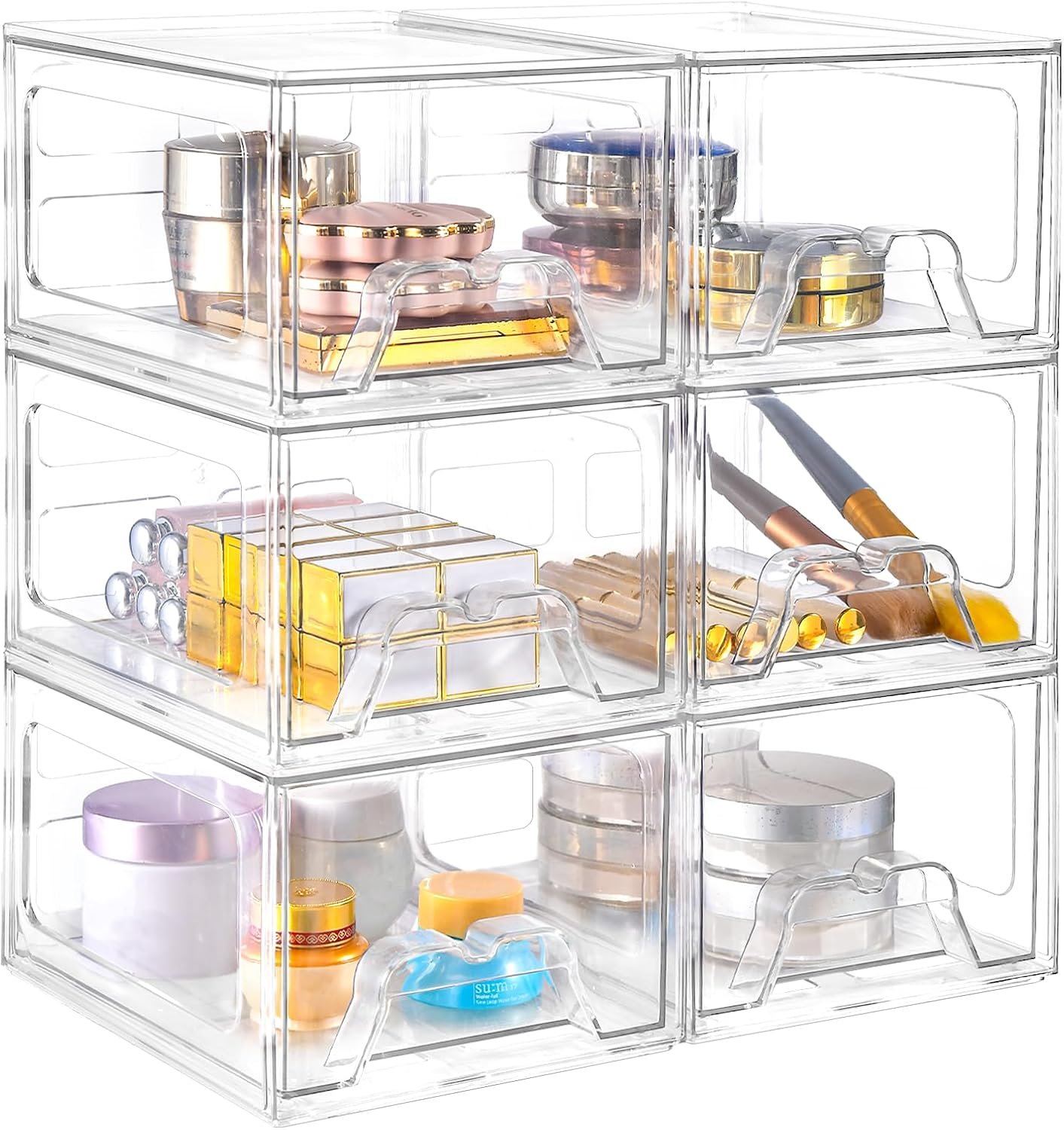 Six-Pack Stackable Acrylic Storage Drawers with Handles