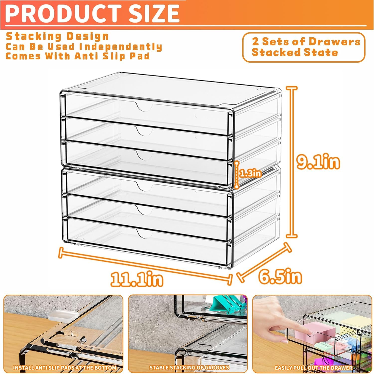 Two-Pack Stackable Acrylic Drawer Organisers with Six Drawers - Image 2